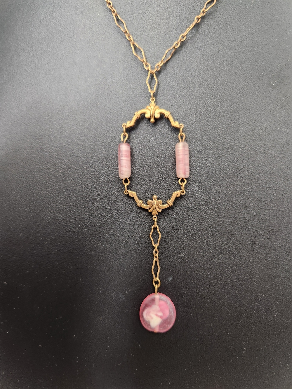 Antique,  Art Deco Victorian Pink Glass And Ornate Brass Pendant Necklace